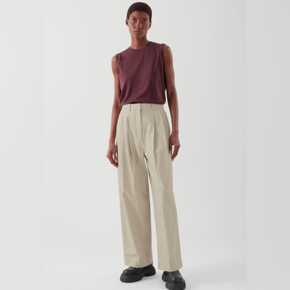 NWT COS Wide-Leg Tailored Relaxed Trousers Beige Wide-Leg Cotton 8 - Picture 3 of 13